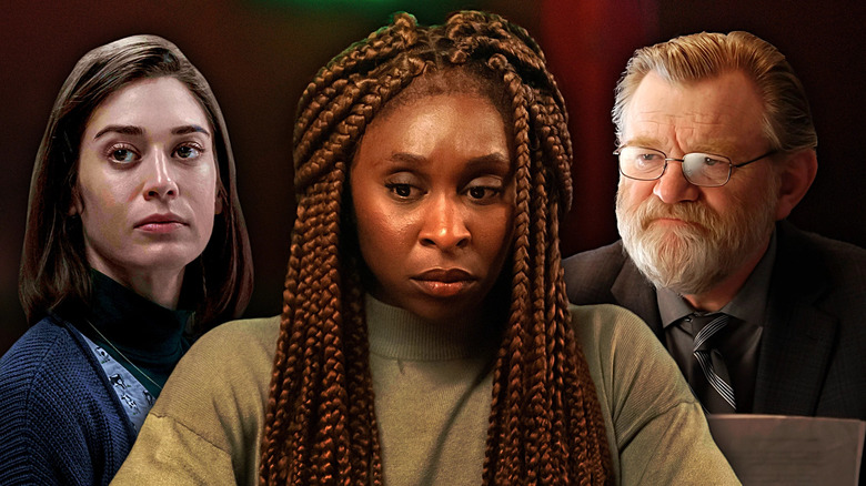 A collage of Annie Wilkes (Lizzy Caplan) in Castle Rock, Holly Gibney (Cynthia Erivo) in The Outsider, and Bill Hodges (Brendan Gleeson) in Mr. Mercedes