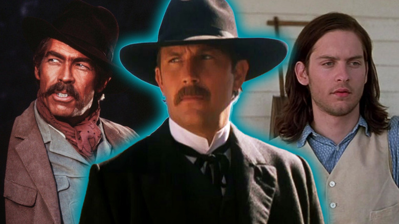 A collage of Wyatt Earp (Kevin Costner) in Wyatt Earp, flanked by John H. Mallory (James Coburn) in Duck, You Sucker! on the right and Jake Roedel (Tobey Maguire) in Ride with the Devil on the right