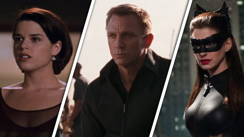 Images from Scream 2, Quantum of Solace, and The Dark Knight Rises in a composite image