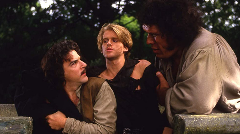 Westley fights Inigo Montoya and Fezzik