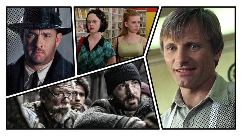 A collage in the style of a comic book panel with Michael Sullivan (Tom Hanks) in Road to Perdition, Enid (Thora Birch) and Rebecca (Scarlett Johansson) in Ghost World, Tom Stall (Viggo Mortensen) in A History of Violence, and Gilliam (John Hurt) and Curtis Everett (Chris Evans) in Snowpiercer
