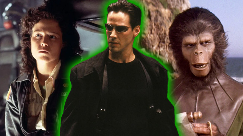 Keanu Reeves as Neo in The Matrix between shots from Alien and Planet of the Apes