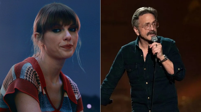 Taylor Swift looking sad sitting on a roof in the Anti-Hero video; Marc Maron holding a mic on stage in Panicked
