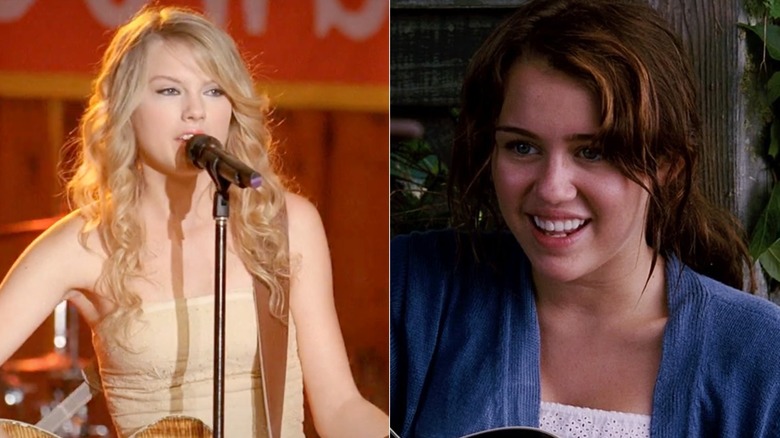 Taylor Swift performing Crazier in Hannah Montana The Movie and Miley Cyrus as Miley Stewart playing guitar in Hannah Montana the Movie