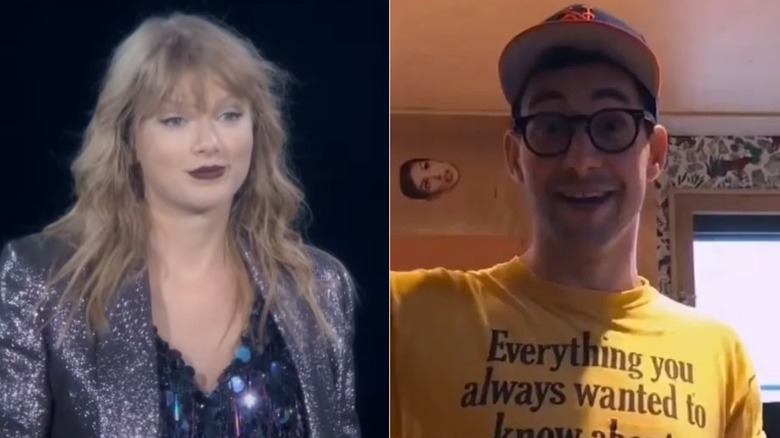 Taylor Swift smiling in a sparkly blazer in the Reputation Stadium Tour film; Jack Antonoff during the making of Getaway Car as seen in Miss Americana