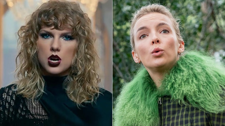 Taylor Swift wearing black clothes in the Look What You Made Me Do video; Jodie Comer as Villanelle wearing a green fur coat in Killing Eve