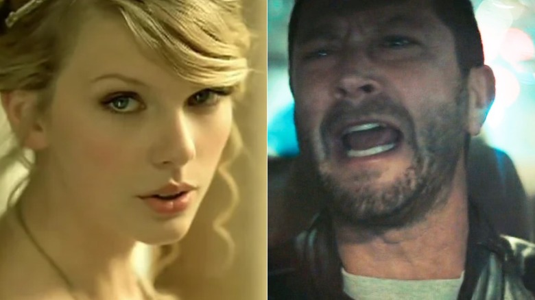 Taylor Swift dressed as Juliet in the Love Story music video; Ebon Moss-Bacharach shouting as Richie in the car in The Bear