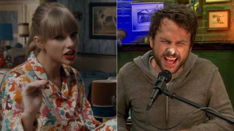Taylor Swift wearing pajamas in the We Are Never Ever Getting Back Together music video; Charlie Day as Charlie playing piano with spray paint on his nose in It's Always Sunny in Philadelphia