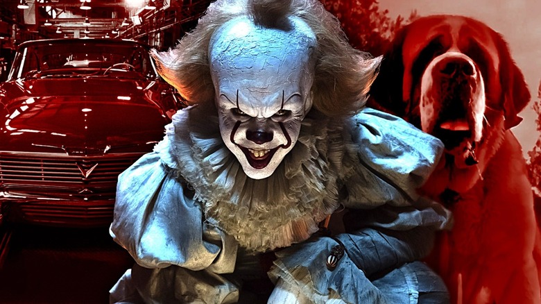 Pennywise from the IT movies in the middle (Bill Skarsgård), the car Christine on one side, and an angry Cujo on the other