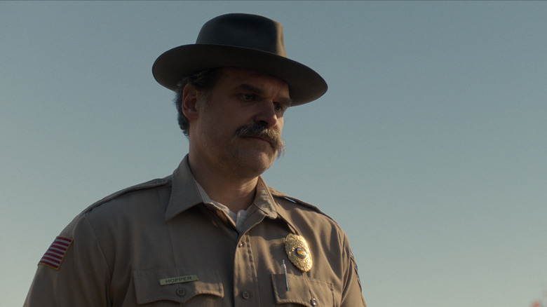 Hopper (David Harbour) wearing sheriff uniform on Stranger Things