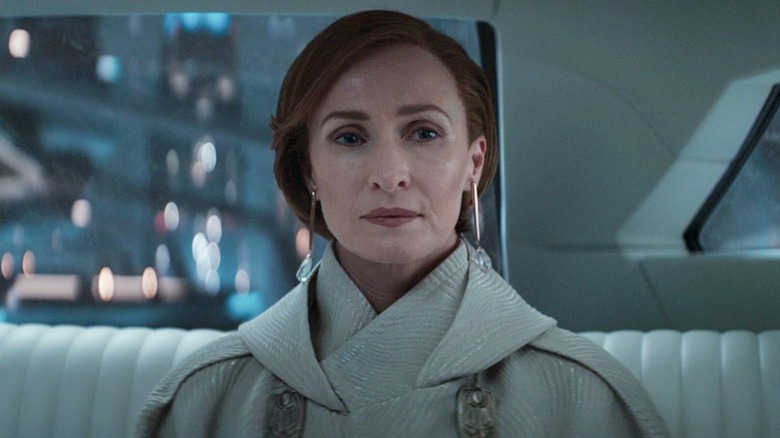 Mon Mothma (Genevieve O'Reilly) sits in the backseat of a vehicle in Andor