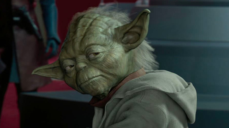 Yoda (Frank Oz) glances warily in Attack of the Clones