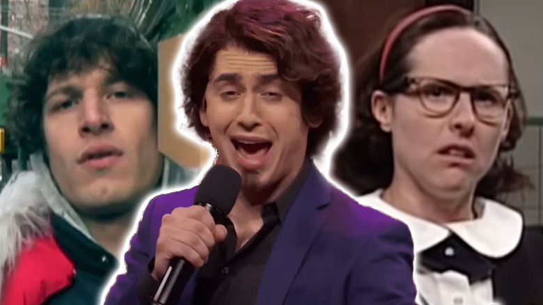 Andy Samberg in Lazy Sunday and Molly Shannon as Mary Katherine Gallagher around Marcello Hernandez as Domingo from Saturday Night Live