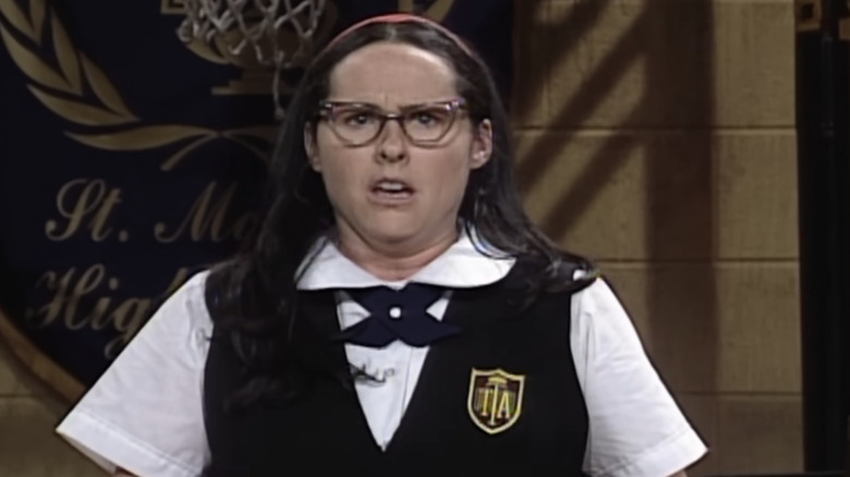 Molly Shannon as Mary Katherine Gallagher looking terrified in an SNL sketch