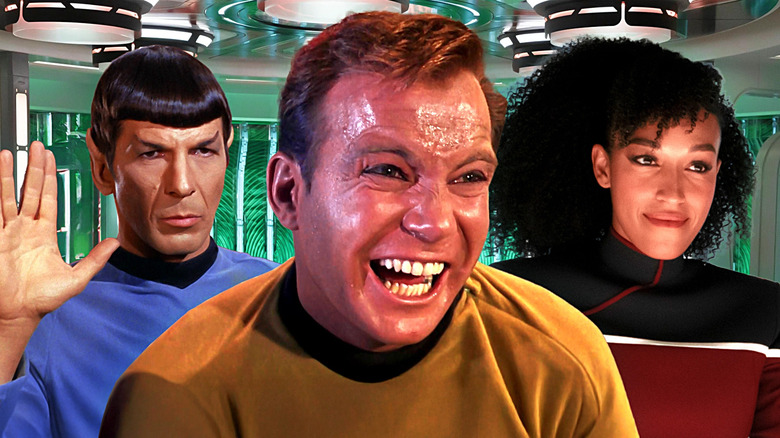 A collage of an enraged Jim Kirk (William Shatner) in Star Trek: The Original Series, flanked by Spock (Leonard Nimoy) in Star Trek: The Original Series, and Beckett Mariner (Tawny Newsome) in Star Trek: Strange New Worlds