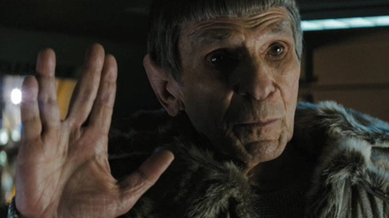 An older Spock (Leonard Nimoy) gives the Vulcan salute in Star Trek (2009)