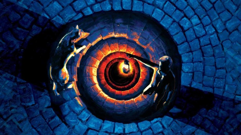 A painting of a boy and a dog walking down a spiral stone staircase into darkness, from the cover of Fairy Tale
