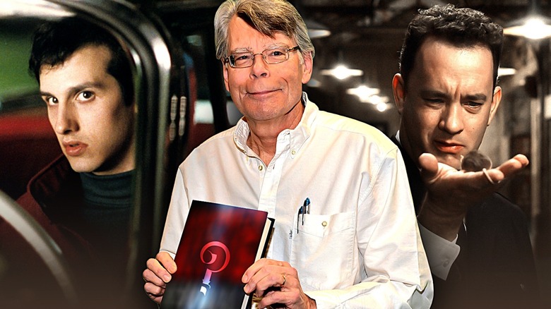 A composite image showing Stephen King in the center, alongside Keith Gordon in Christine and Tom Hanks in The Green Mile