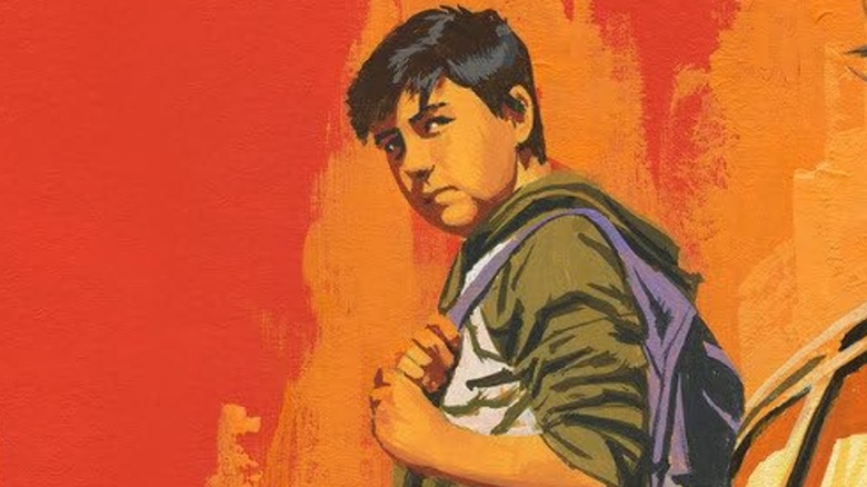 A painting of Jamie Conklin, a purple backpack slung over his shoulder, on a red and orange background