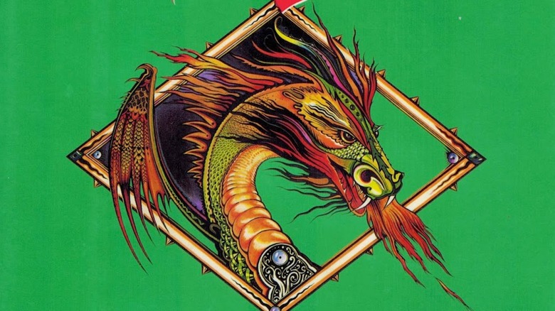 An illustration of a dragon spitting fire, in a diamond on a green background; the cover for Eyes of the Dragon