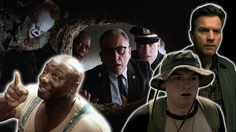 A collage featuring Pennywise (Bill Skarsgård) in It, Samuel Norton (Bob Gunton) and Byron Hadley (Clancy Brown) looking into a tunnel in The Shawshank Redemption, Danny Torrance (Ewan McGregor) in Doctor Sleep, John Coffey (Michael Clarke Duncan) pointing in The Green Mile, and Ray Garraty (Cooper Hoffman) in The Long Walk