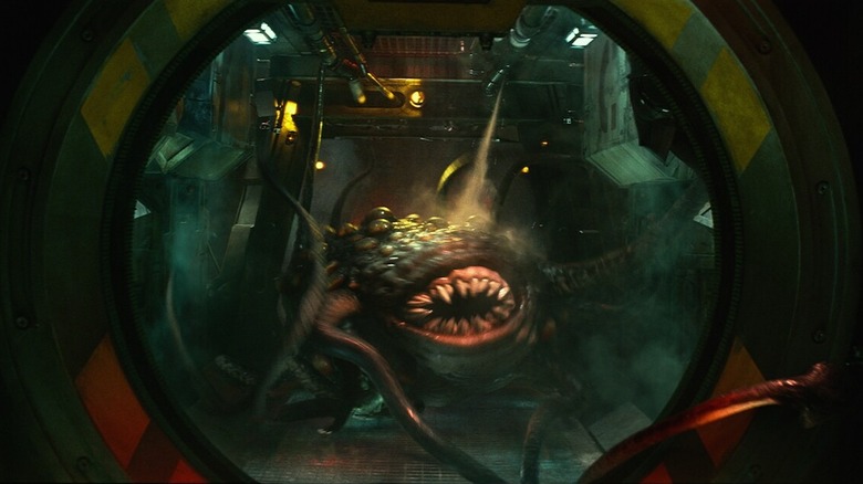 A Rathtar is seen rampaging through a circular window in Star Wars: The Force Awakens
