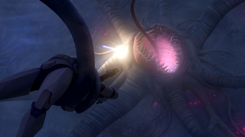A Clone Trooper is dragged into the mouth of a Vixus in Star Wars: The Clone Wars