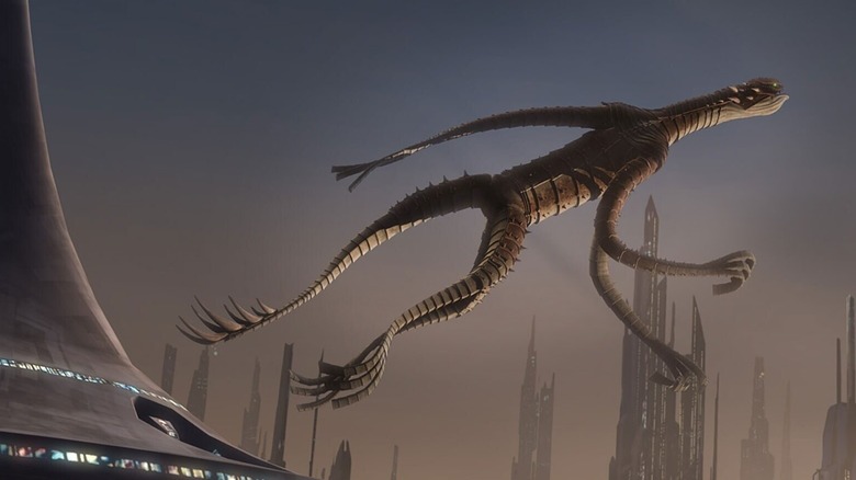 A Zillo Beast leaps through the Coruscant skyline in Star Wars: The Clone Wars