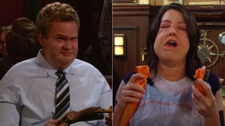 Barney Stinson (Neil Patrick Harris) portrayed as fat in The Rough Patch next to Robin Scherbatsky having an allergic reaction to lobster in Lobster Crawl from How I Met Your Mother