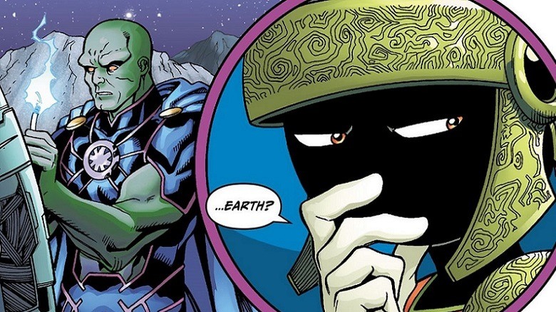 Marvin the Martian studies Earth as Martian Manhunter watches