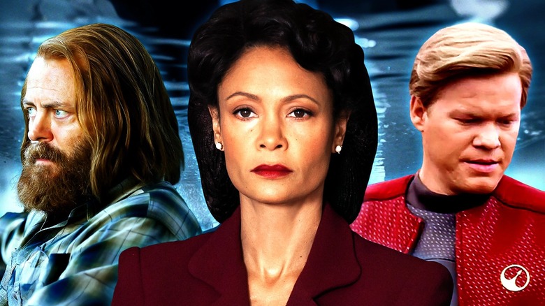 Collage of Jesse Plemons in the Black Mirror episode USS Callister, Thandiwe Newton in Westworld, and Nick Offerman in Devs