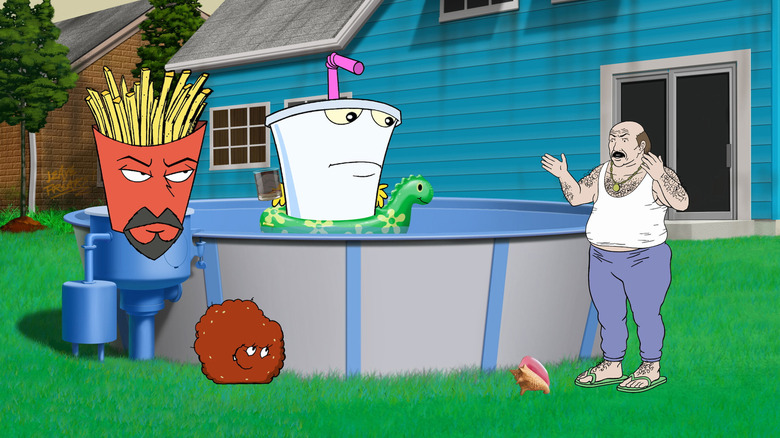 Master Shake in a pool while Frylock, Meatwad, and Carl watch on Aqua Teen Hunger Force