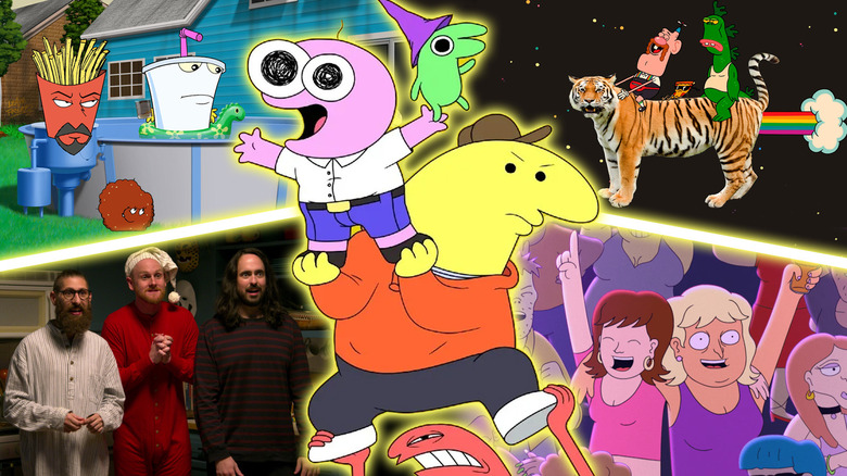 Images from Aqua Teen Hunger Force, Uncle Grandpa, Aunty Donna's Big Ol' House of Fun and YOLO around characters from Smiling Friends