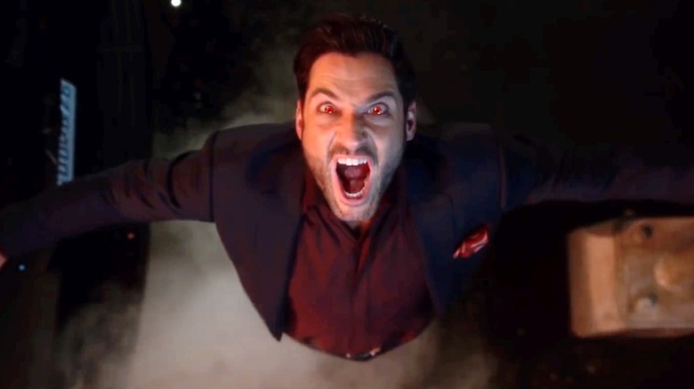 Lucifer Morningstar (Tom Ellis) flies demonically in the air in Lucifer