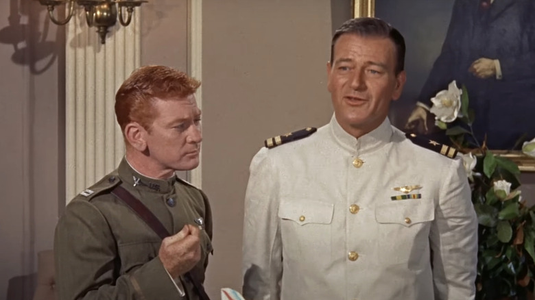 (John Wayne) addresses soldiers at a celebration in The Wings of Eagles