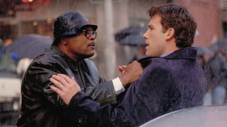 Samuel L. Jackson as Doyle Gipson threatening Ben Affleck as Gavin Banek in the street in Changing Lanes