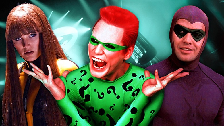 Collage of Silk Spectre, The Riddler, and The Phantom standing together