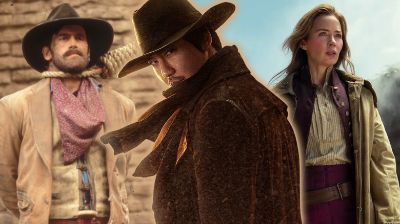 Lee Yoon (Kim Nam-gil) surrounded by Bruce Campbell in Adventures of Brisco County Jr. and Emily Blunt in The English in a composite image
