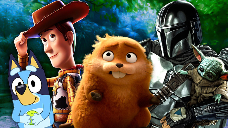Bluey, Woody, the beaver from Hoppers, and The Mandalorian and Grogu in a composite image.