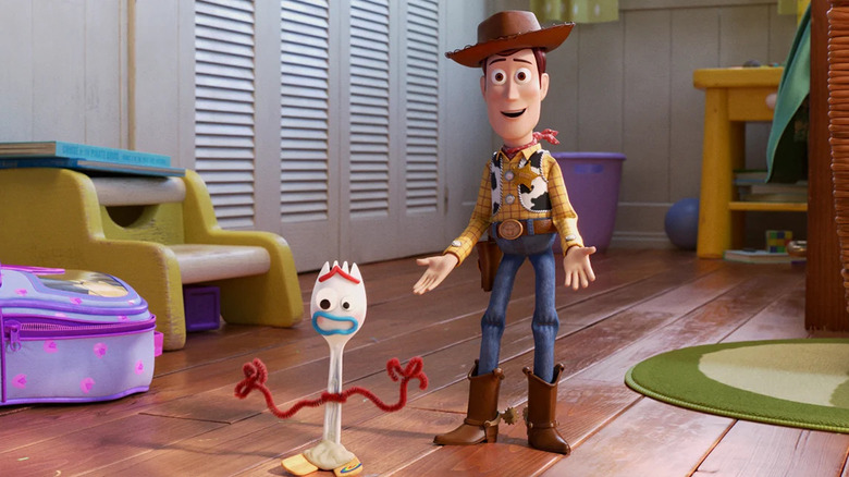 Forky (Tony Hale) and Woody (Tom Hanks) meet other toys in Toy Story 4