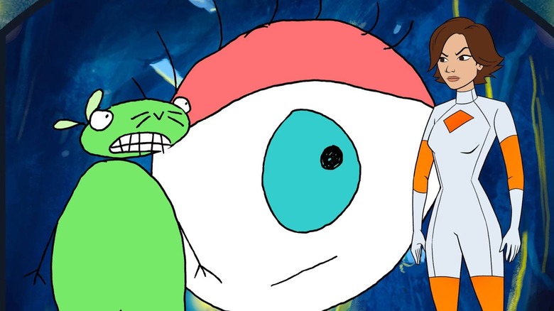 Mouse Fitzgerald standing next to a giant eye in 12 oz. Mouse