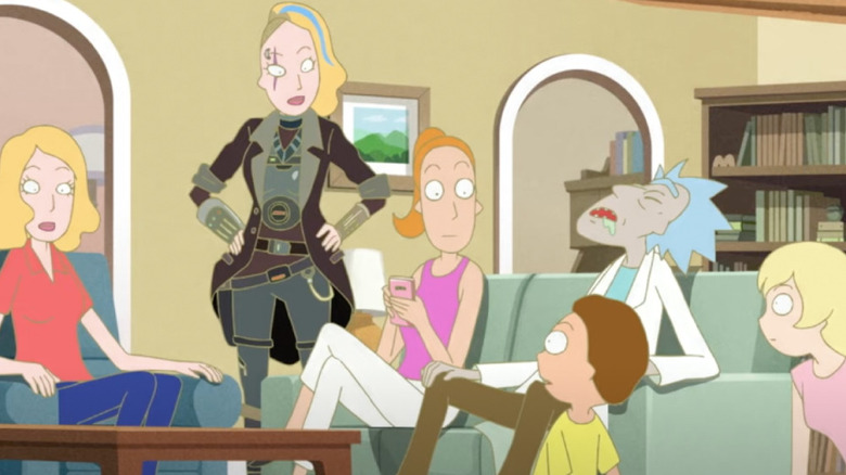 Rick Sanchez sleeping next to the Smith family on Rick and Morty: The Anime
