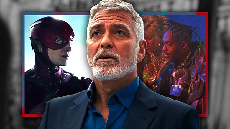 Composite image of Ezra Miller's Flash looking to the side in Peacemaker, George Clooney's Bruce Wayne speaking in The Flash, and Coolio's character looking to the side in Batman & Robin