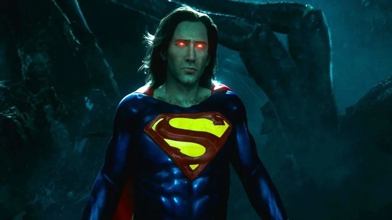 Nicolas Cage's Superman with glowing red eyes in The Flash