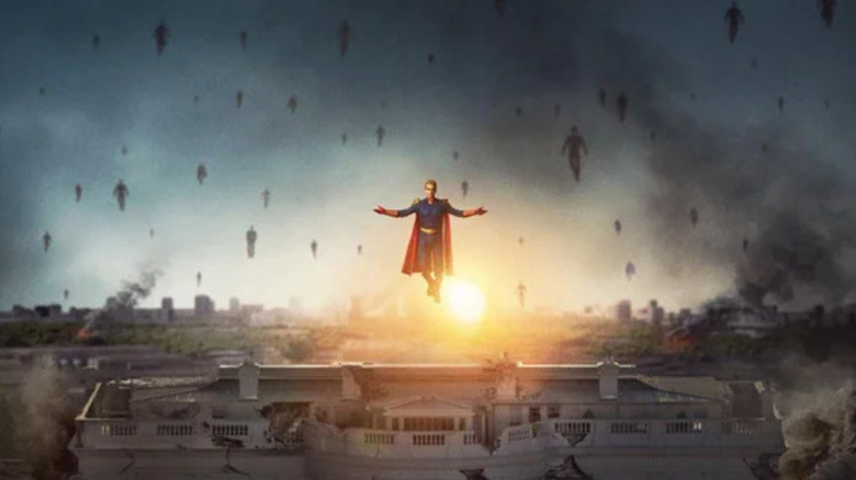 Homelander (Antony Starr) hovers above the White House with Supes flying behind him in promotional artwork for The Boys