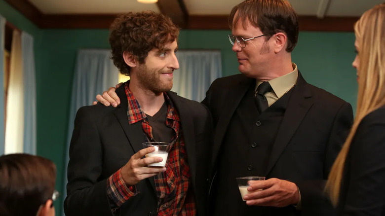 Thomas Middleditch and Rainn Wilson as Jeb and Dwight Schrute, drinking milk on The Office