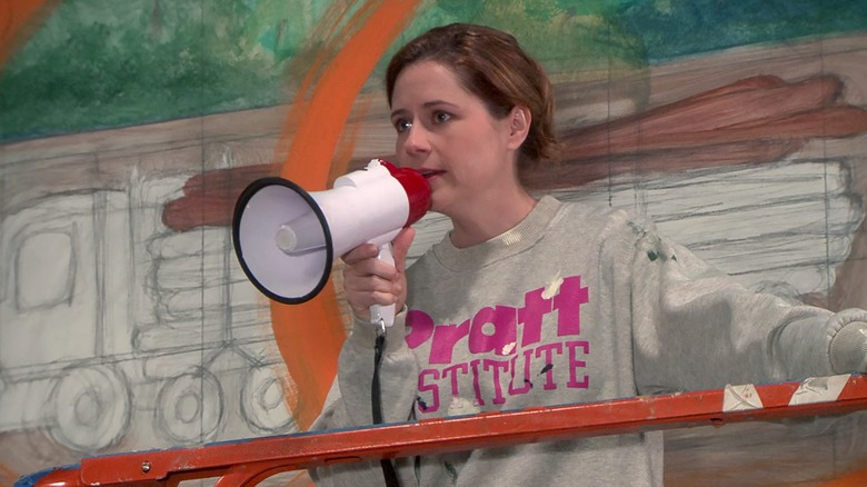 Jenna Fischer as Pam Beasley, speaking into a megaphone on The Office