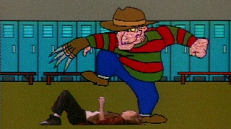 Cartoon Freddy Krueger stomping on John Doe (Shon Greenblatt) in Freddy's Dead: The Final Nightmare