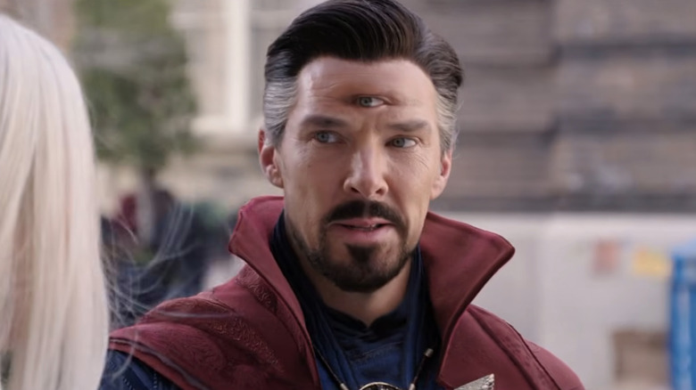 Doctor Strange (Benedict Cumberbatch) with a third eye in the credits scene for Doctor Strange in the Multiverse of Madness