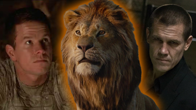 Leo (Mark Wahlberg) from Planet of the Apes, Mufasa (James Earl Jones) from The Lion King, and Joe (Josh Brolin) from Oldboy next to one another